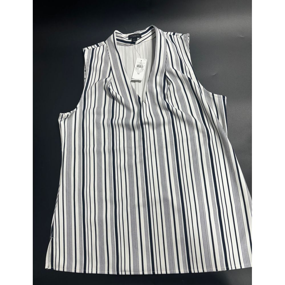 Ann Taylor Factory NWT V-Neck Sleeveless Striped Blouse in Black & White Medium